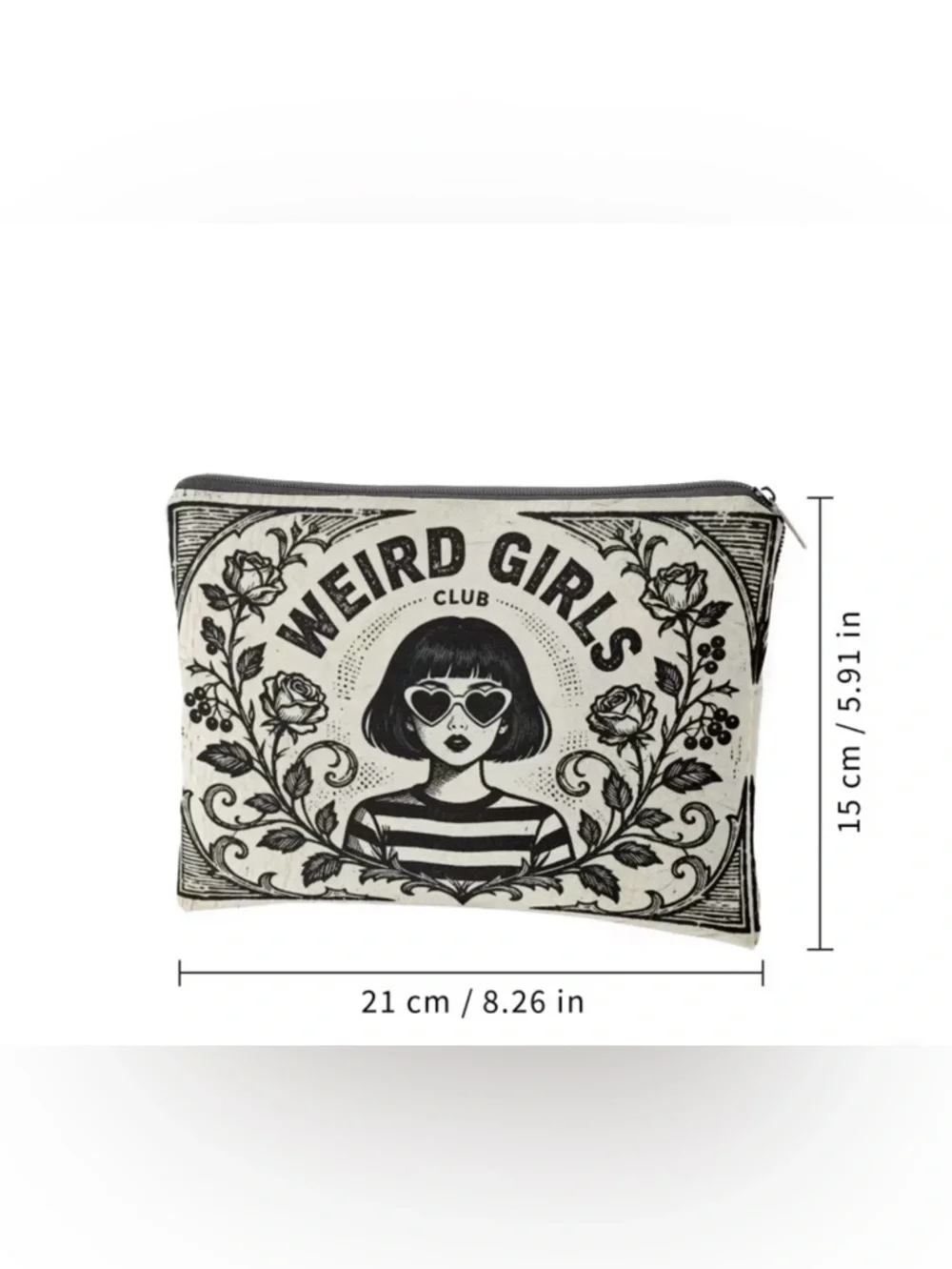 Weird Girls Club Makeup Bag Black White Retro Lined Zipper Pouch